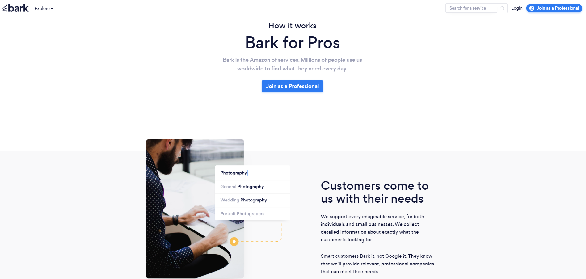 Bark homepage, an online marketplace where you can promote your HVAC company