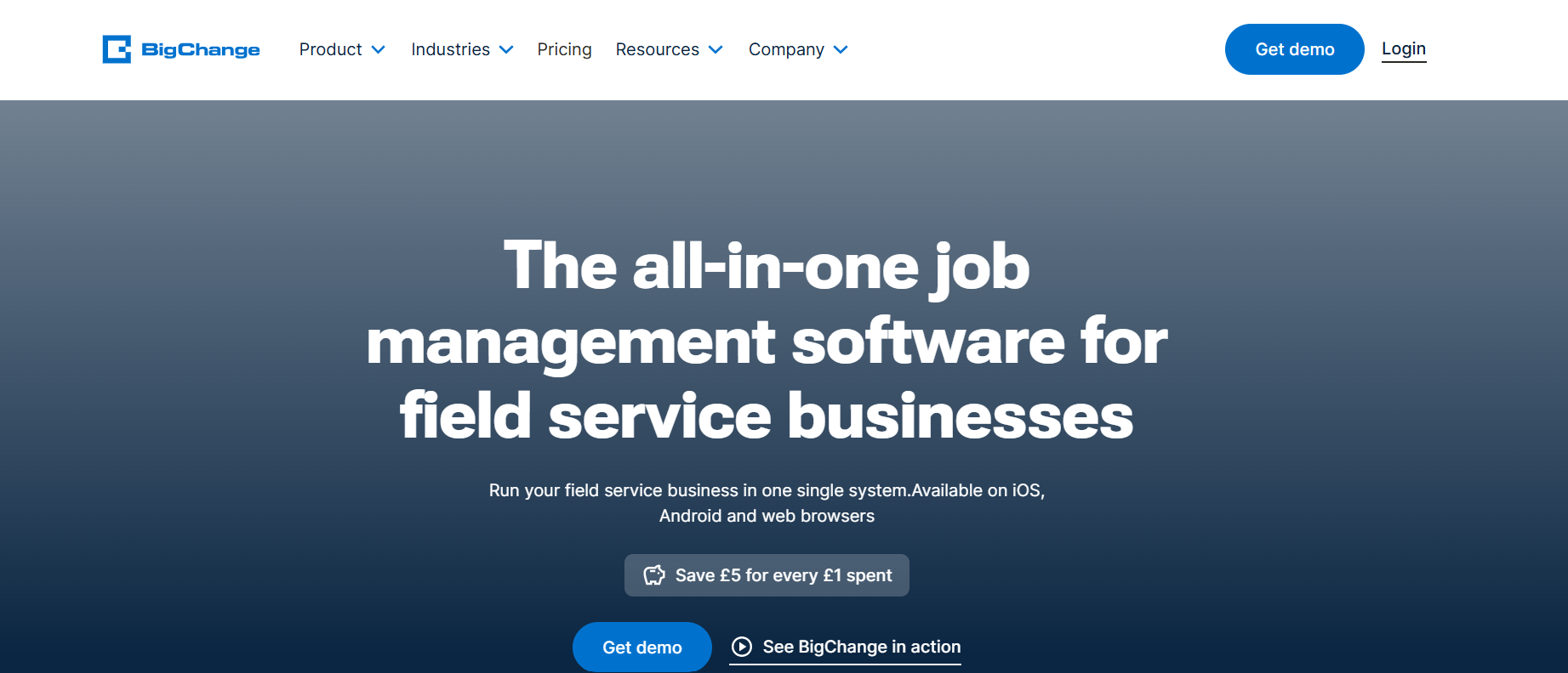 BigChange homepage featuring business management and scheduling solutions for HVAC and home improvement companies