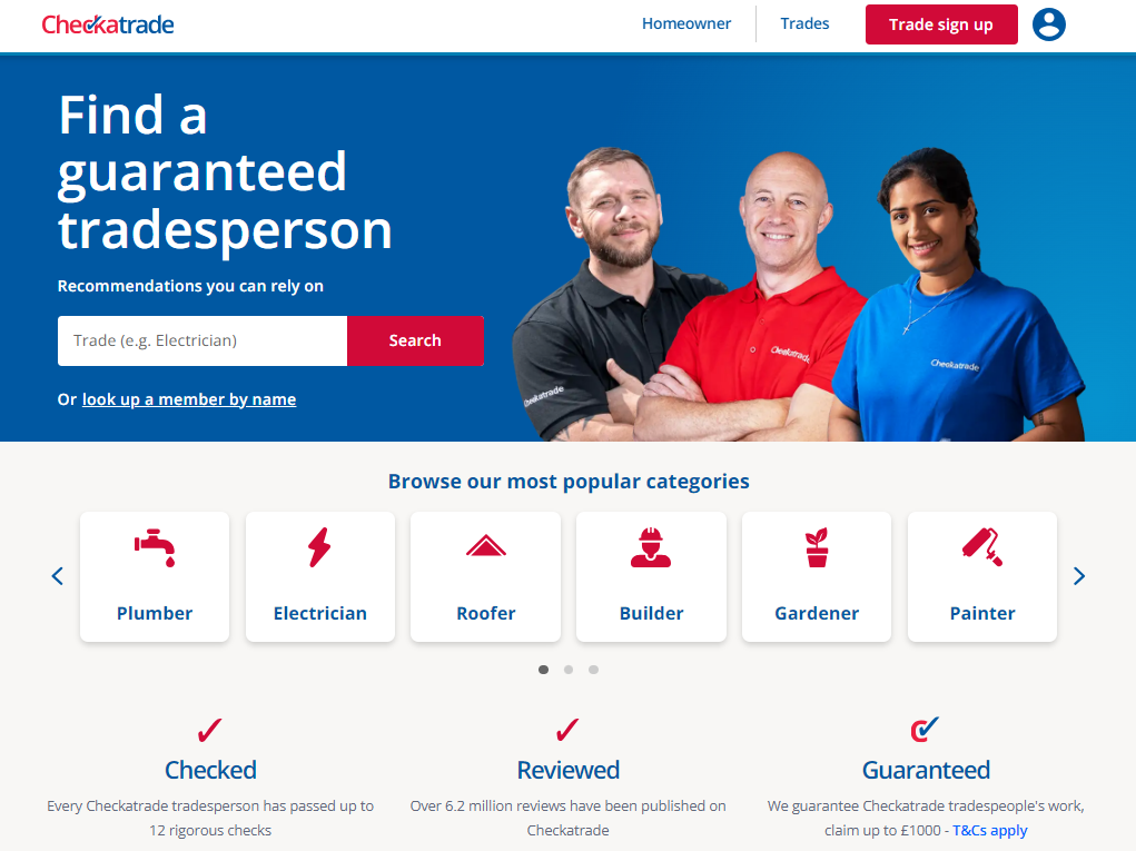 Checkatrade homepage, an online marketplace where you can promote your HVAC company