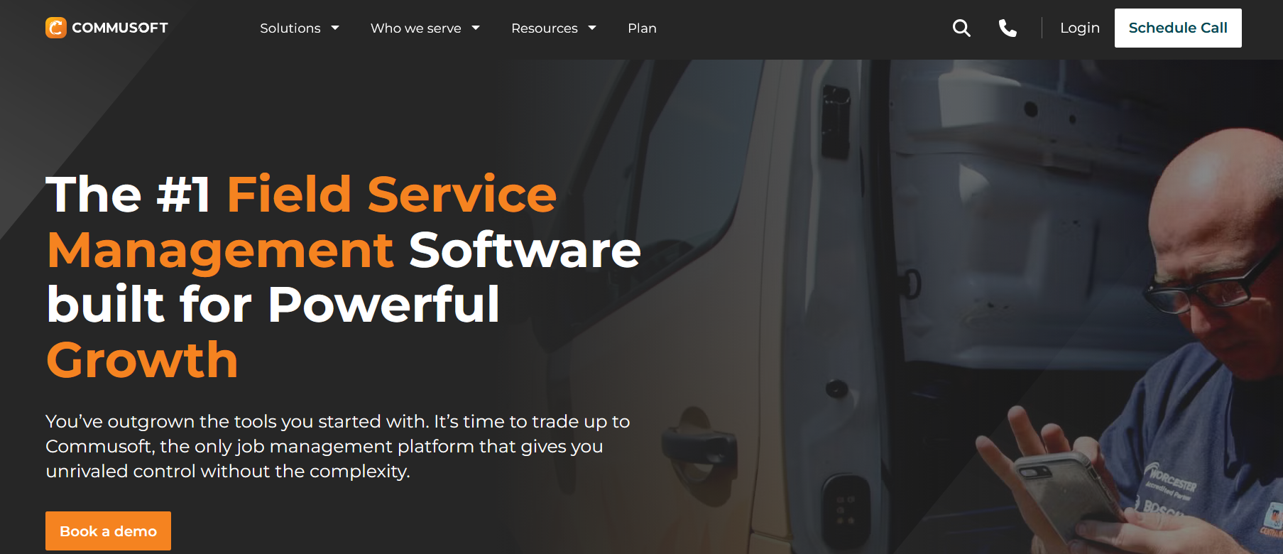Commusoft homepage featuring business management and scheduling solutions for HVAC and home improvement companies