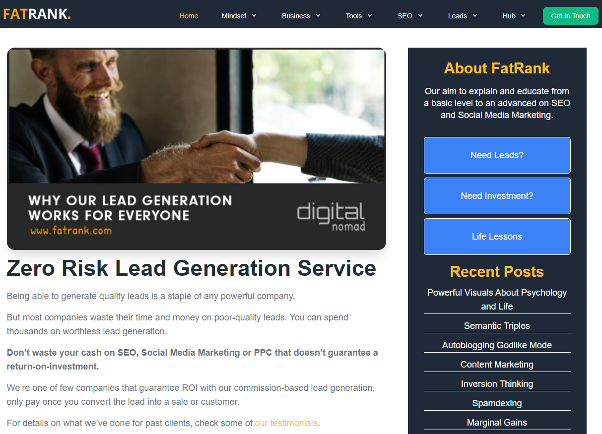 Fatrank homepage, an HVAC lead generator where you can buy HVAC leads