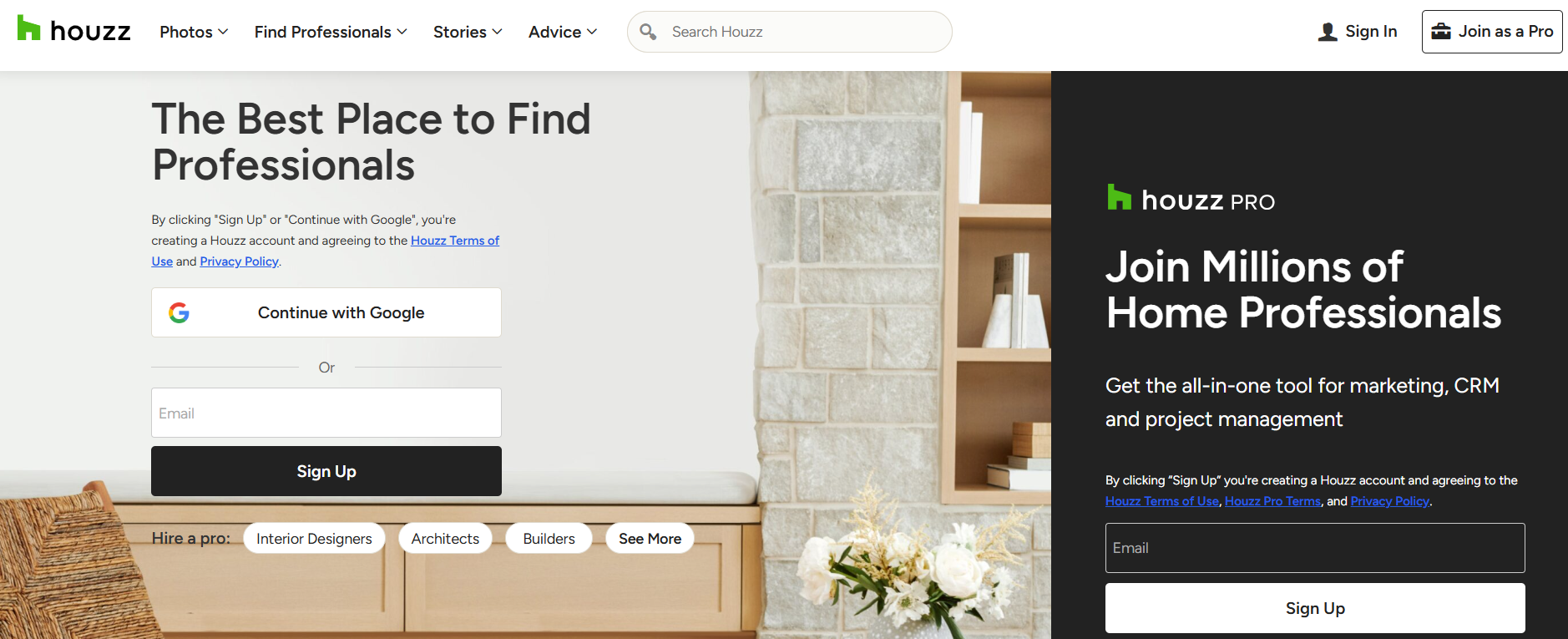 Houzz homepage featuring lead generation and marketing solutions for HVAC and home improvement businesses