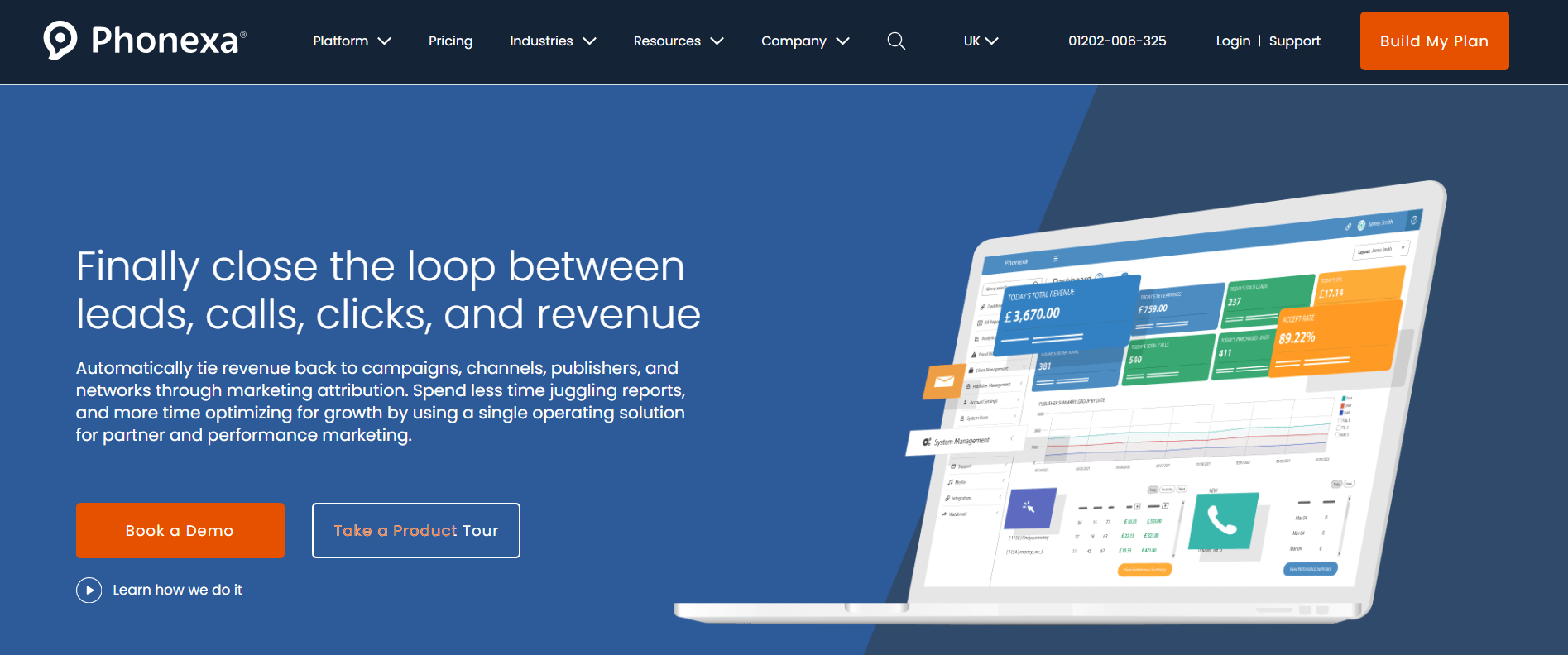 Phonexa homepage, a comprehensive performance marketing solution that allows you to generate and manage HVAC leads