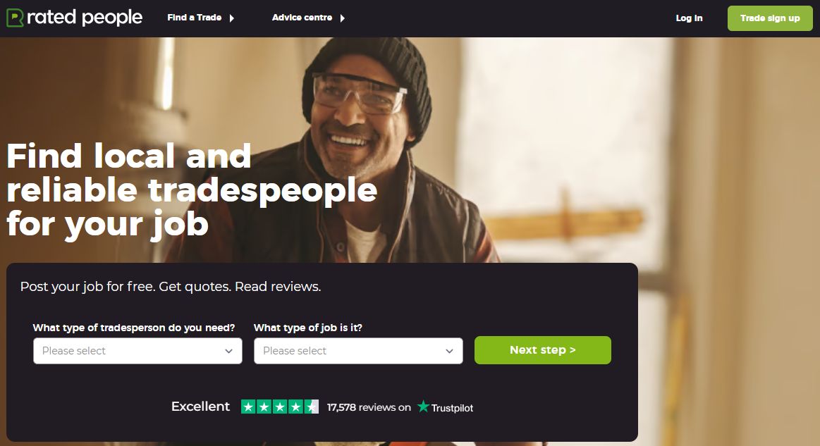 Rated People homepage, an online marketplace where you can promote your HVAC company