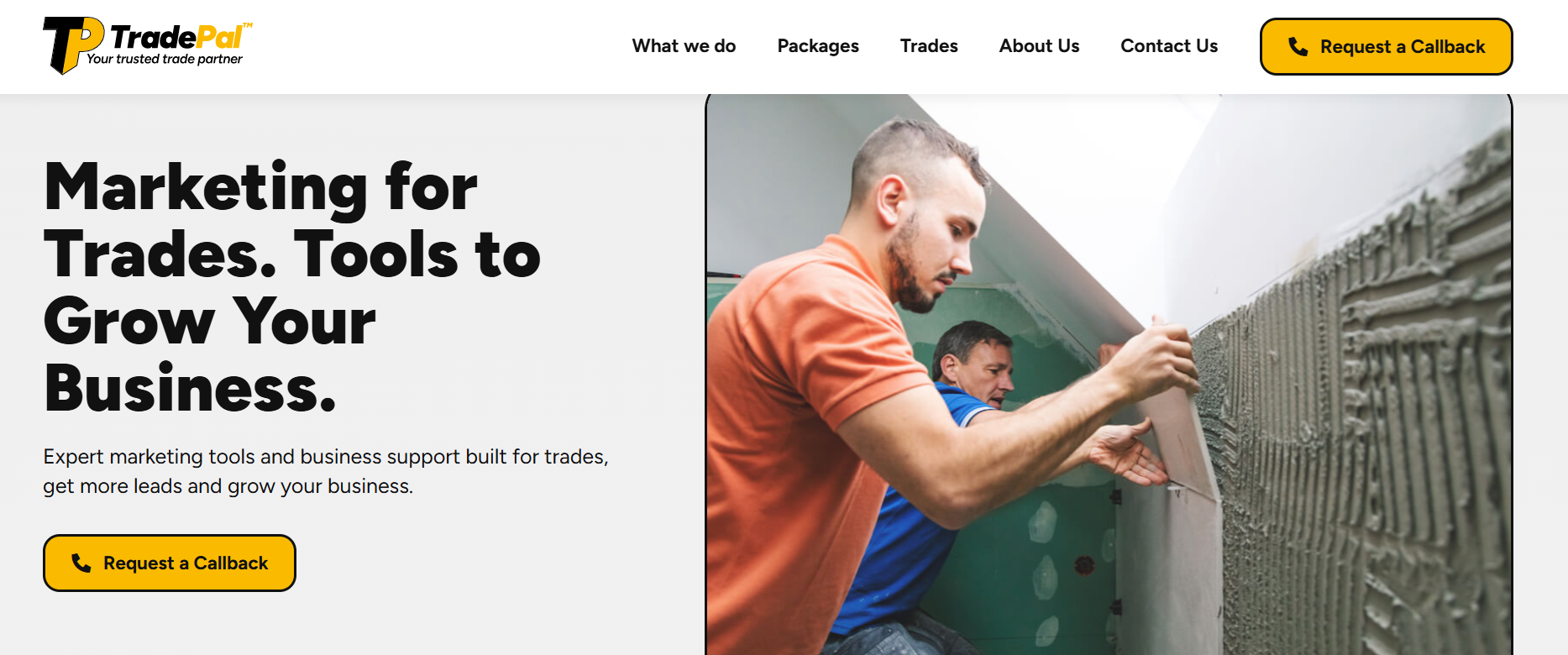 TradePal homepage featuring marketing tools and lead generation solutions for HVAC and home improvement businesses.