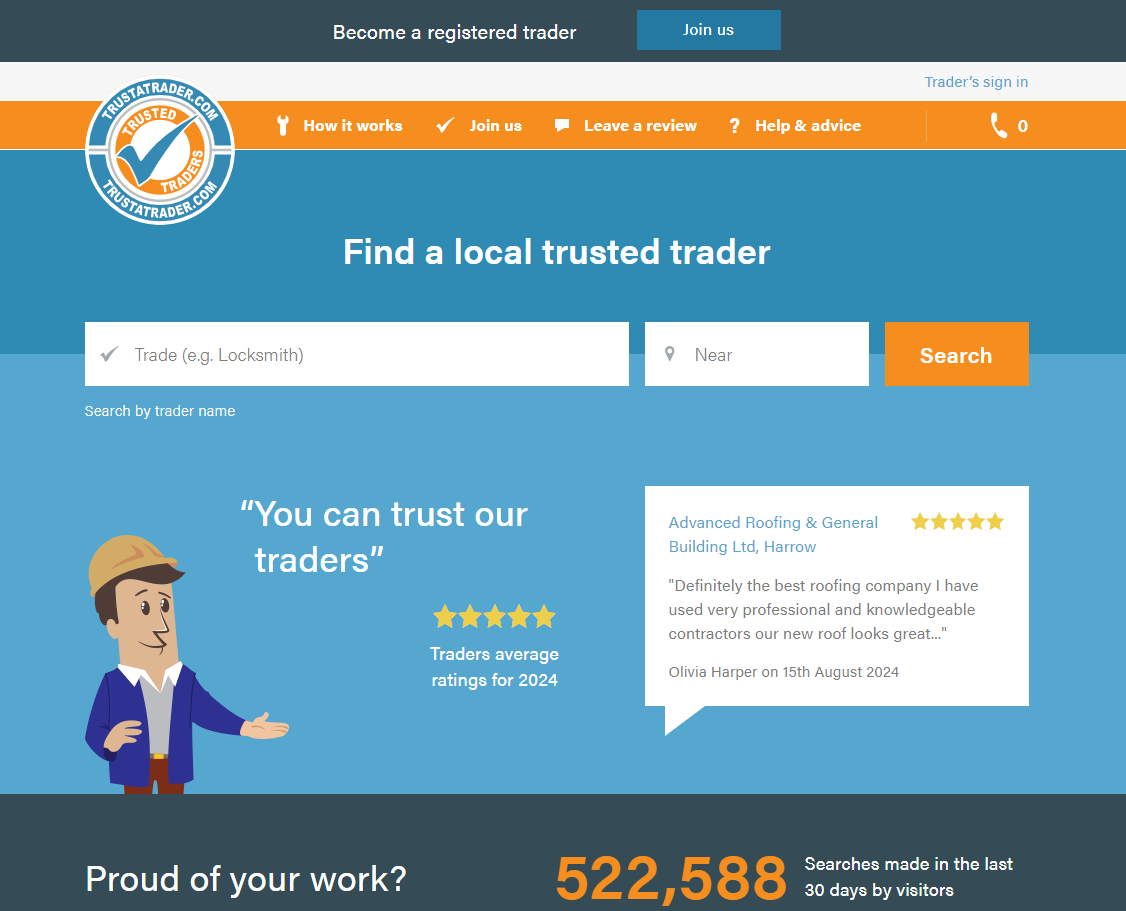 TrustATrader homepage, an online marketplace where you can promote your HVAC company