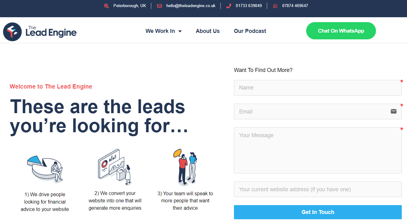 The Lead Engine homepage, a UK-based online mortgage lead generation agency