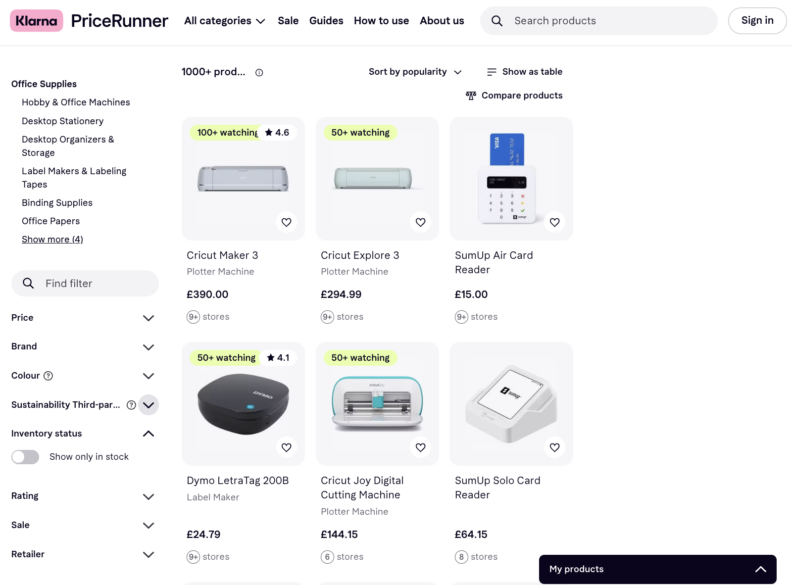 The example of filers on the PriceRunner comparison service