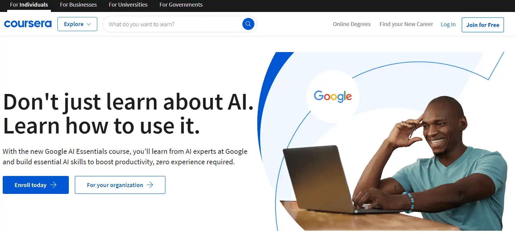 The screenshot of Coursera main page