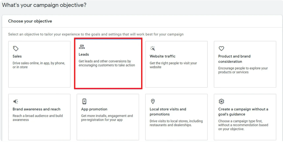 Choosing campaign objective for the newly created call-only ads campaign in Google Ads