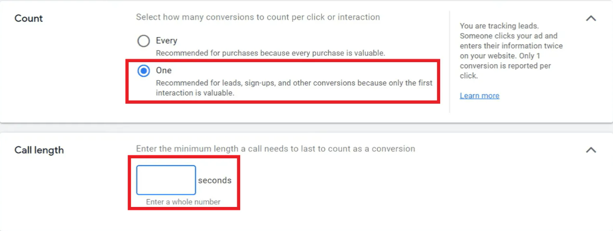 Choosing how you call-only ads count in Google Ads, including their length