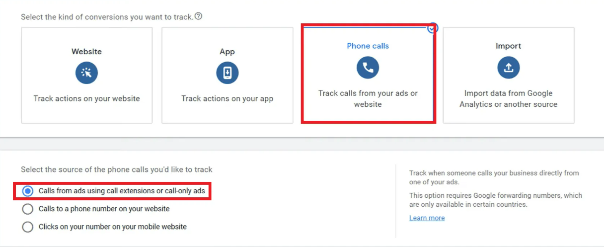 Choosing the type of conversions for call-only ads in Google Ads