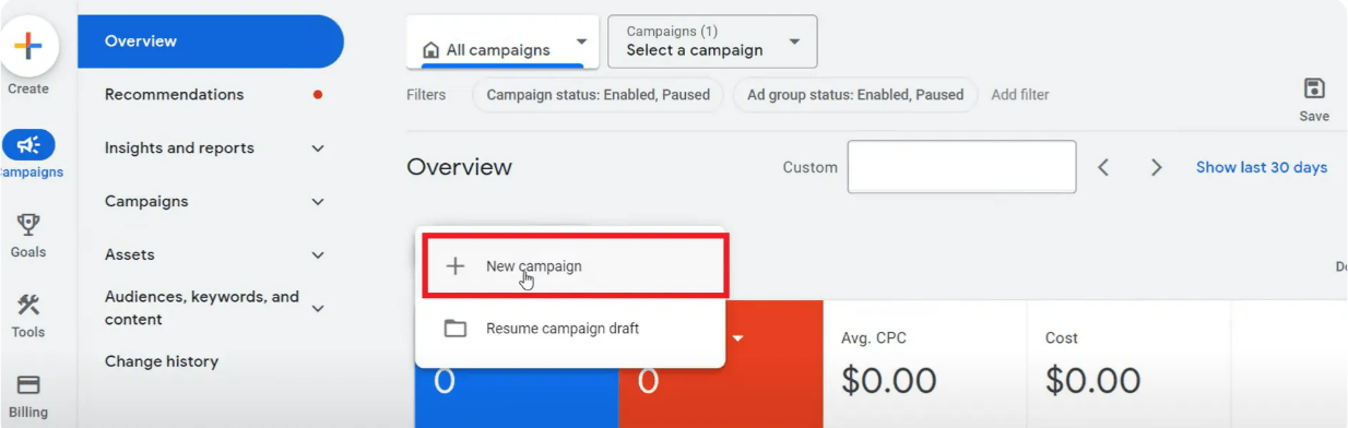 Creating a new ad campaign for call-only ads in Google Ads