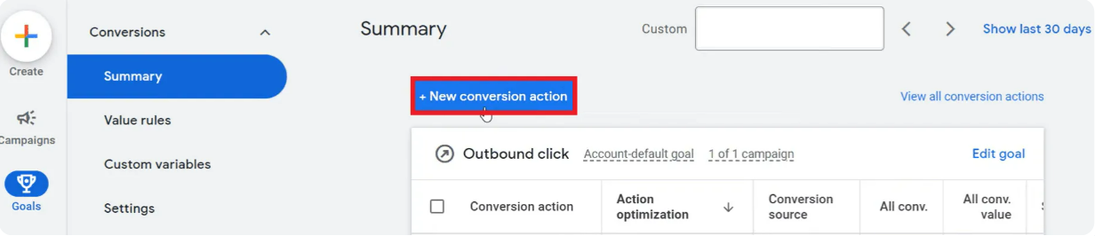 Creating a new conversion action for call-only ads campaign in Google Ads
