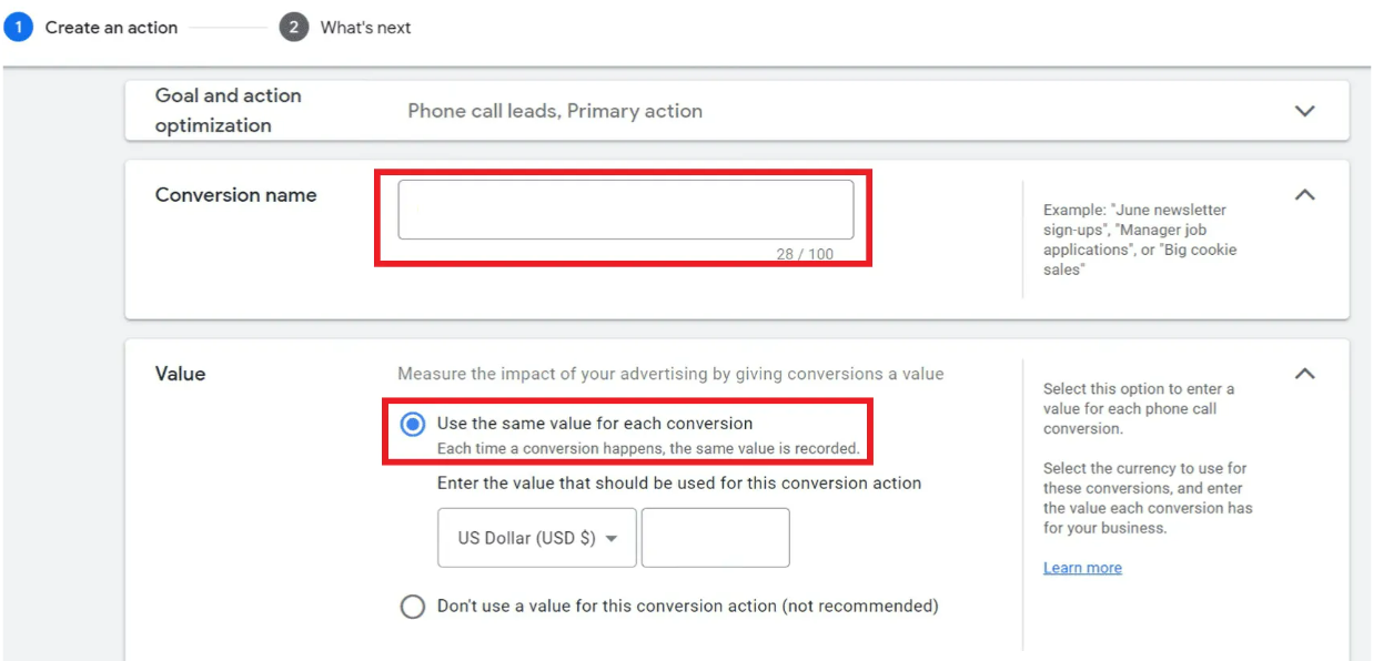 Naming your type of conversions and assigning value to them in Google Ads