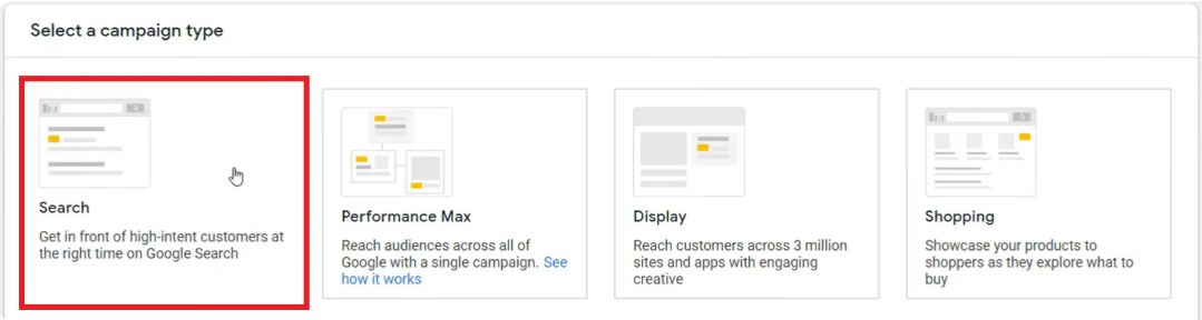 Selecting the campaign type for the call-only ads campaign in Google Ads