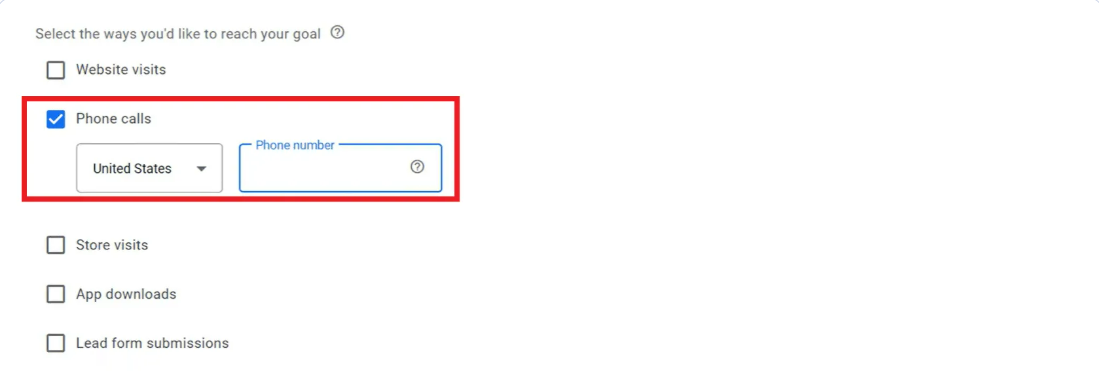 Selecting the conversion goal and entering your phone number for the call-only ads campaign in Google Ads