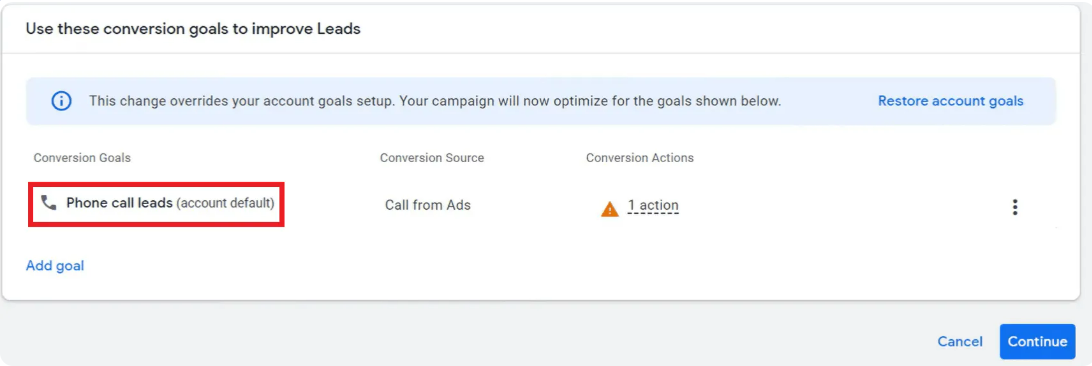 Selecting the conversion goal for the call-only ads campaign in Google Ads