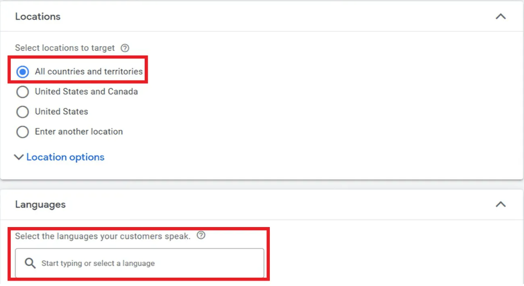 Selecting the target locations and languages for the call-only ads campaign in Google Ads