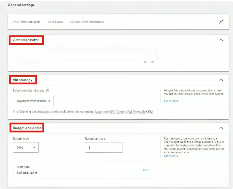 Choosing campaign name, bidding strategy, and budget & dates when setting up YouTube pay-per-call advertisement in Google Ads
