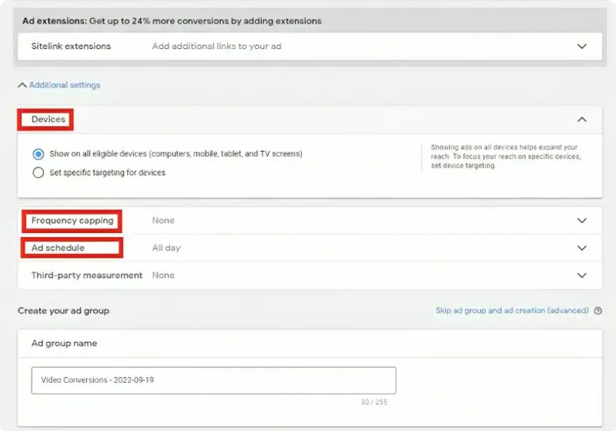 Choosing devices, frequency capping, and ad display schedule when setting up YouTube pay per call advertisement in Google Ads