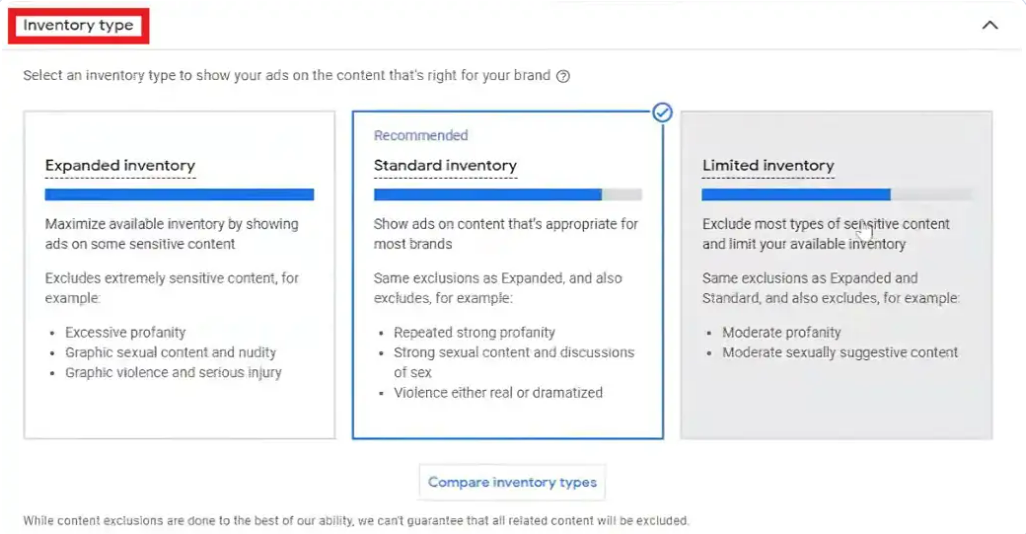 Choosing inventory type when setting up YouTube pay per call advertisement in Google Ads