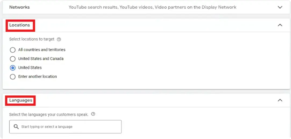 Choosing locations and languages when setting up YouTube pay per call advertisement in Google Ads
