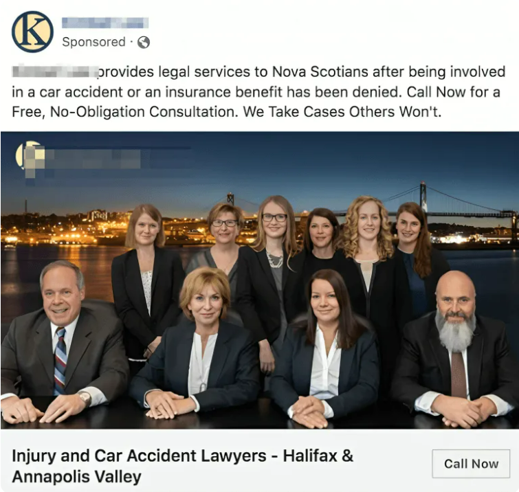 An example of a psy-per-call Facebook ad promoting the services of car accident lawyers