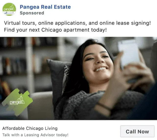 An example of a pay-per-call Facebook ad promoting affordable Chicago living