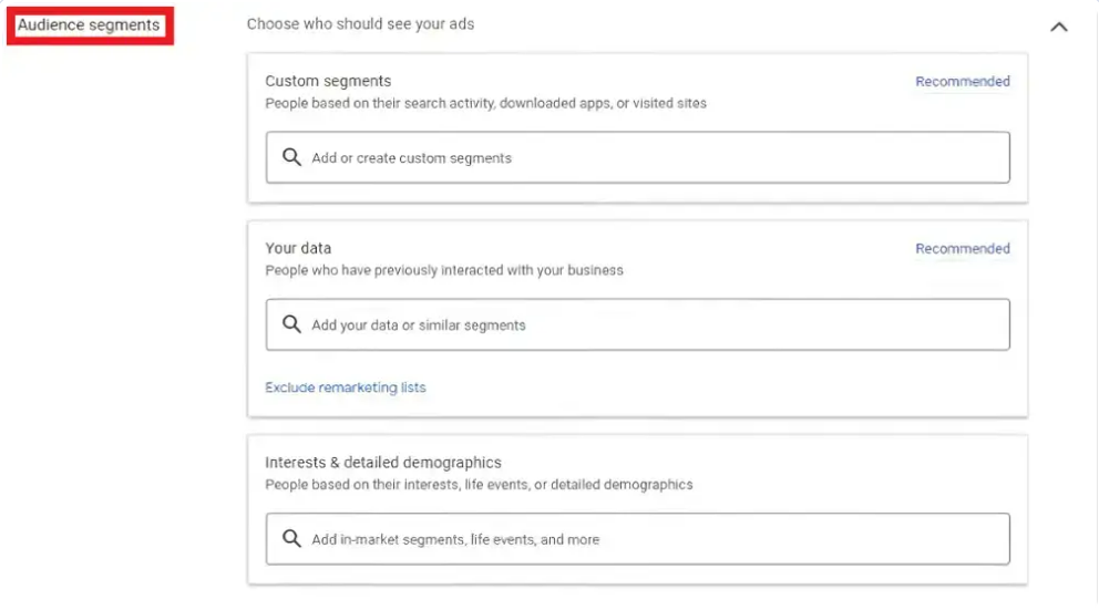 Selecting audience segments when setting up YouTube pay-per-call advertisement in Google Ads