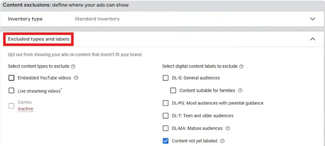 Selecting content exclusions when setting up YouTube pay per call advertisement in Google Ads