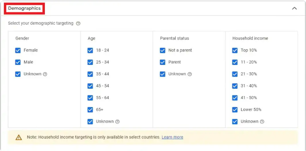 Selecting demographics when setting up YouTube pay-per-call advertisement in Google Ads