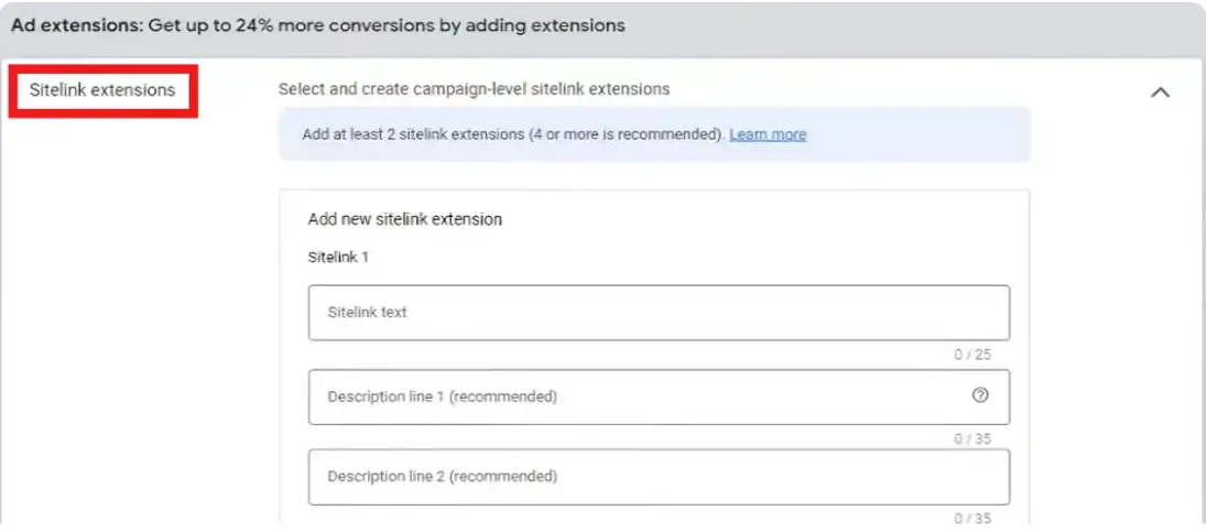 Specifying sitelink extensions when setting up YouTube pay per call advertisement in Google Ads