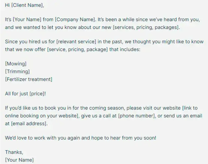An example of the email introducing new prices, packages, or products aimed at reconnecting with old clients