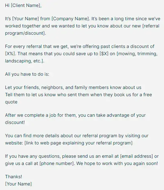An example of an email informing about discounts and referral programs aimed at reconnecting with old clients