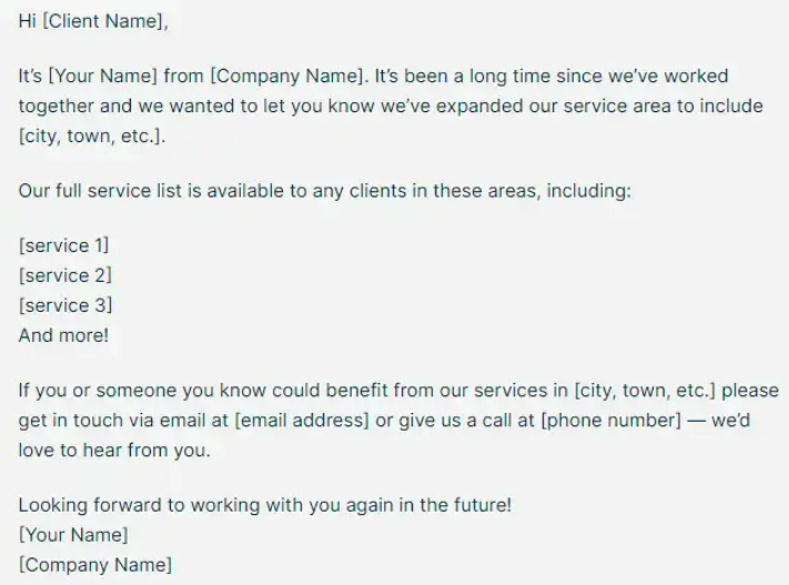 An example of an email offering update on new services aimed at reconnecting with old clients
