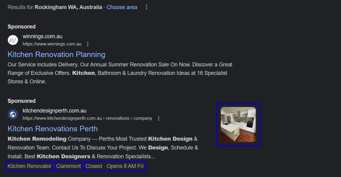 A screenshot showing Google Ads extensions with location, phone number, and direct links