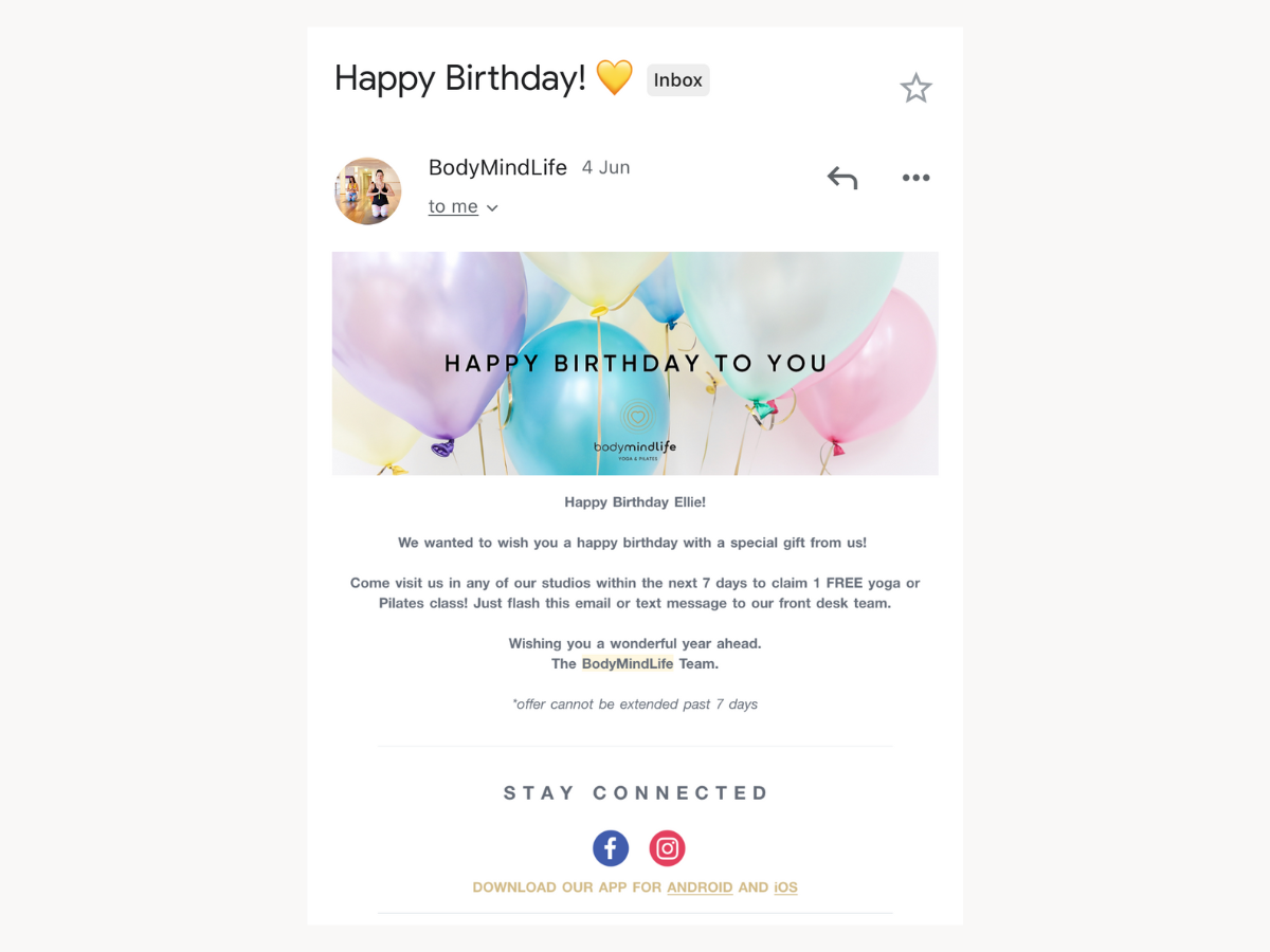 A screenshot showing BodyMindLife's anniversary email
