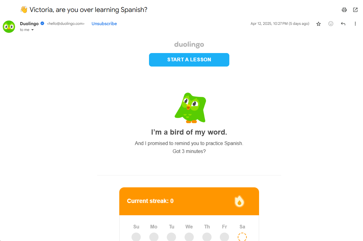 A screenshot of a personalised subject line and email in Duolingo's reactivation email campaign