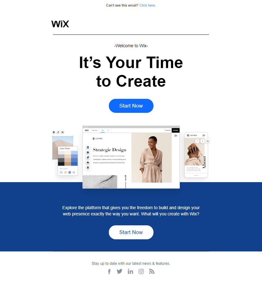 A screenshot showing Wix's personalised welcome email example