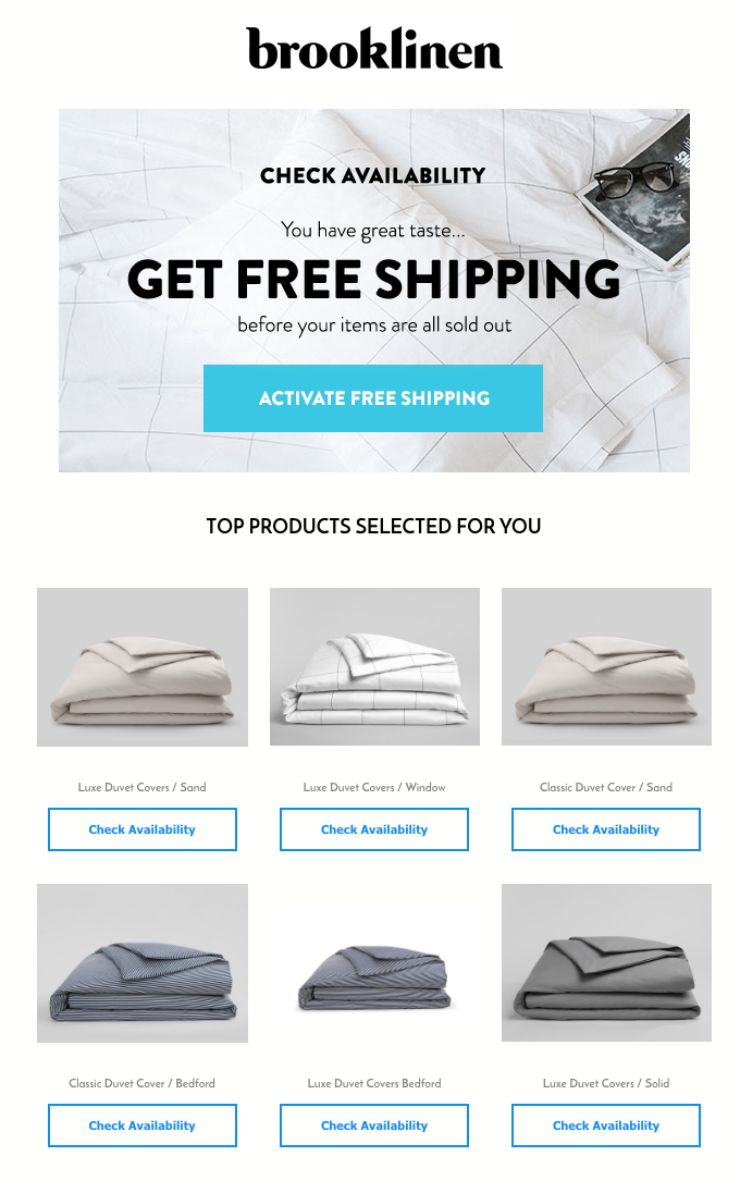 A screenshot showing Brooklinen personal email recommendations