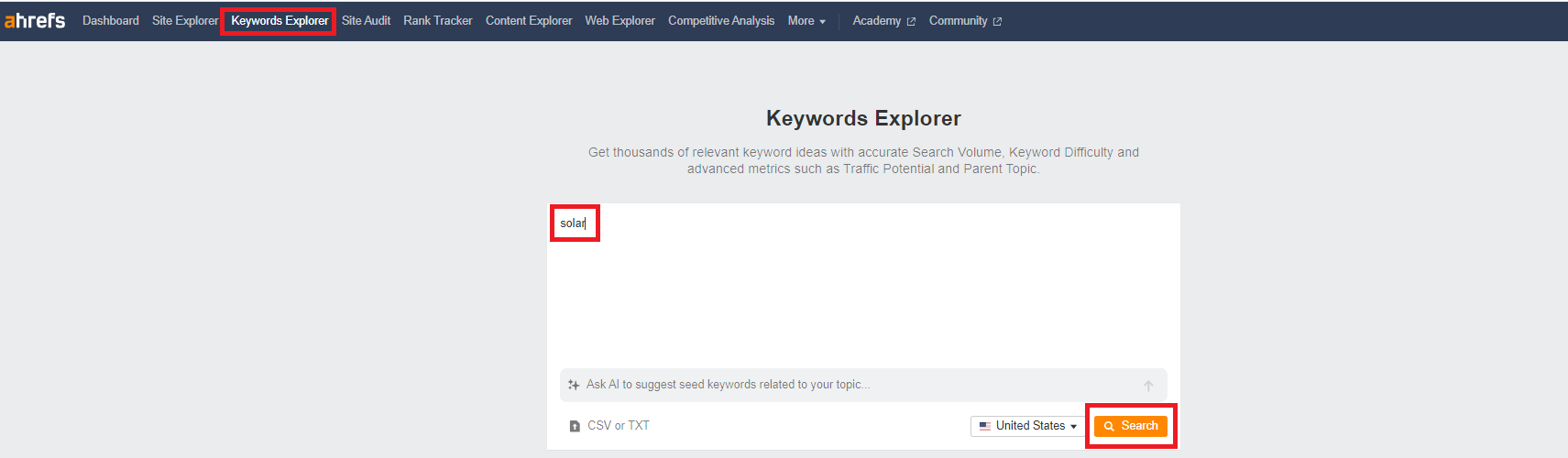 Ahrefs screenshot of the first step in identifying cost-effective keywords for affiliate marketing
