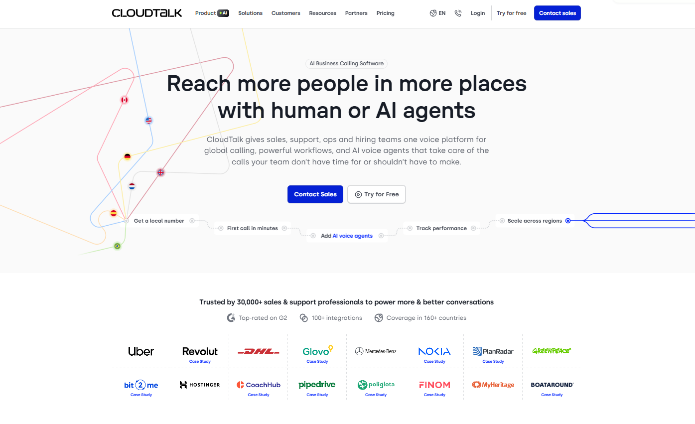 CloudTalk homepage, a call management platform with call tracking