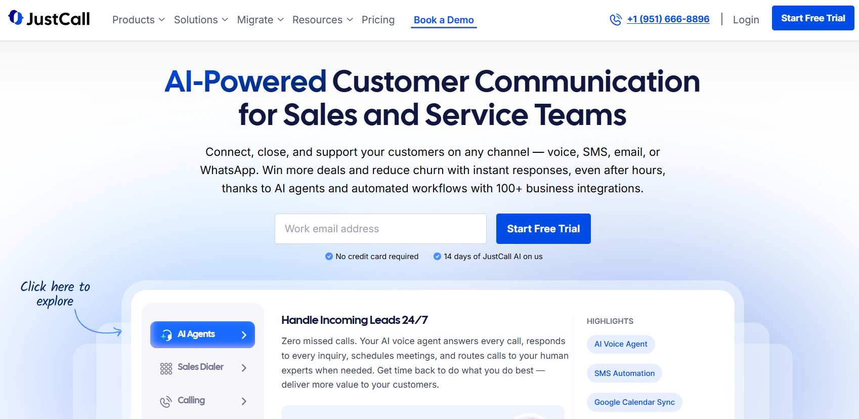 JustCall homepage, a communications and engagement system with call tracking