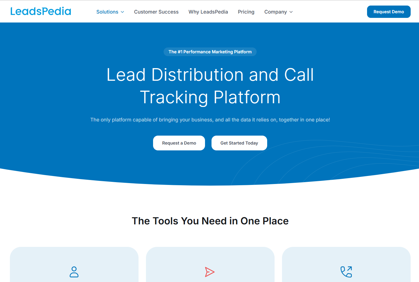 LeadsPedia homepage, a call and lead tracking platform