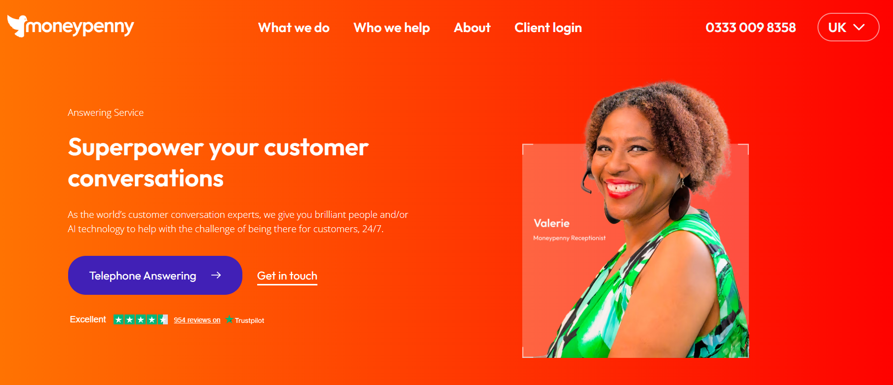 Moneypenny homepage, a customer conversation platform with call tracking