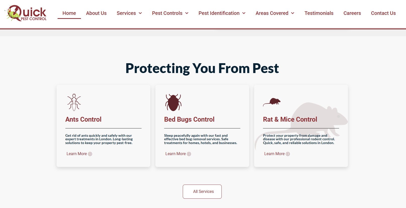 Quick Pest Control homepage where you see ants control, bed bugs control, and rat & mice control banners