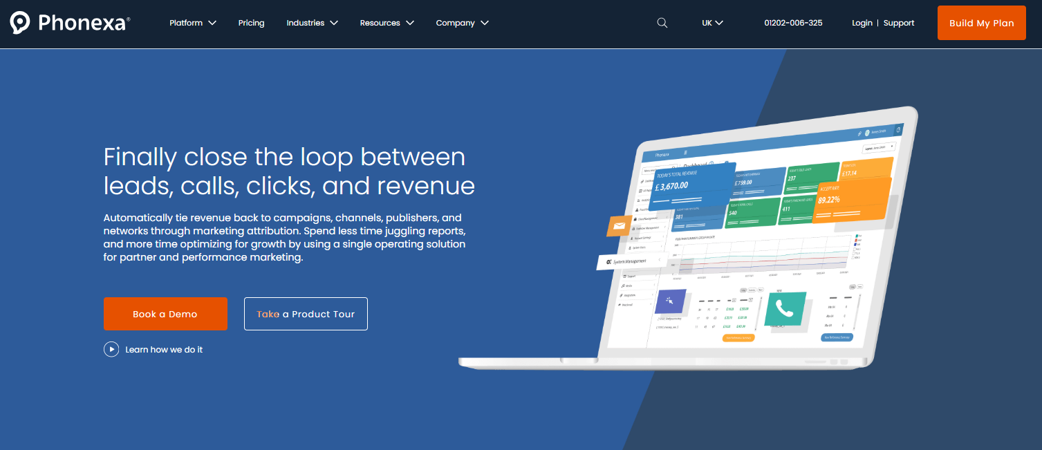 Phonexa homepage, an all-in-one call tracking, distribution, and analytics software suite for lead generation, acquisition, and management