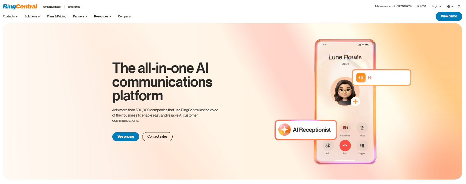 RingCentral homepage, an AI-driven communications ecosystem with call tracking