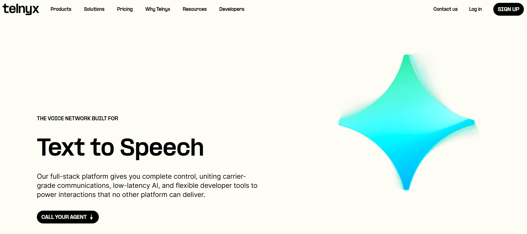 Telnyx homepage, a conversational AI platform with call tracking